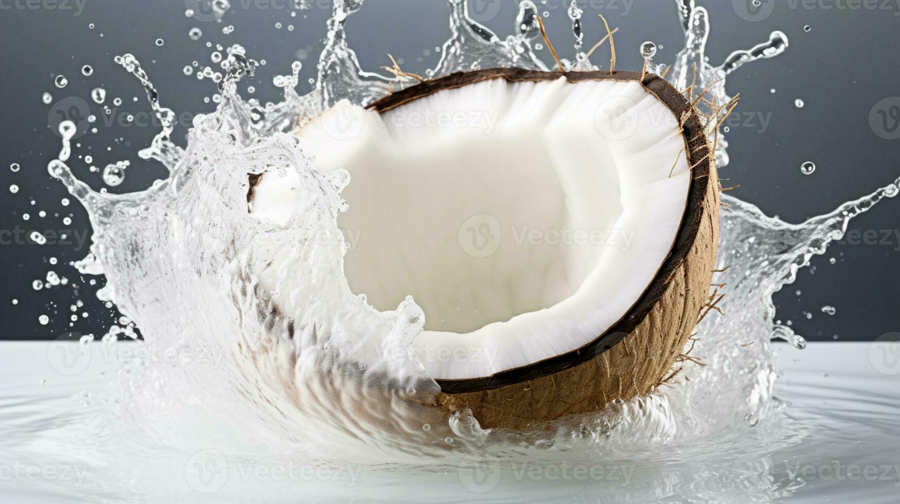 metà di un' Noce di cocco con acqua spruzzo isolato su sfondo, salutare tropicale cibo, ai generativo foto