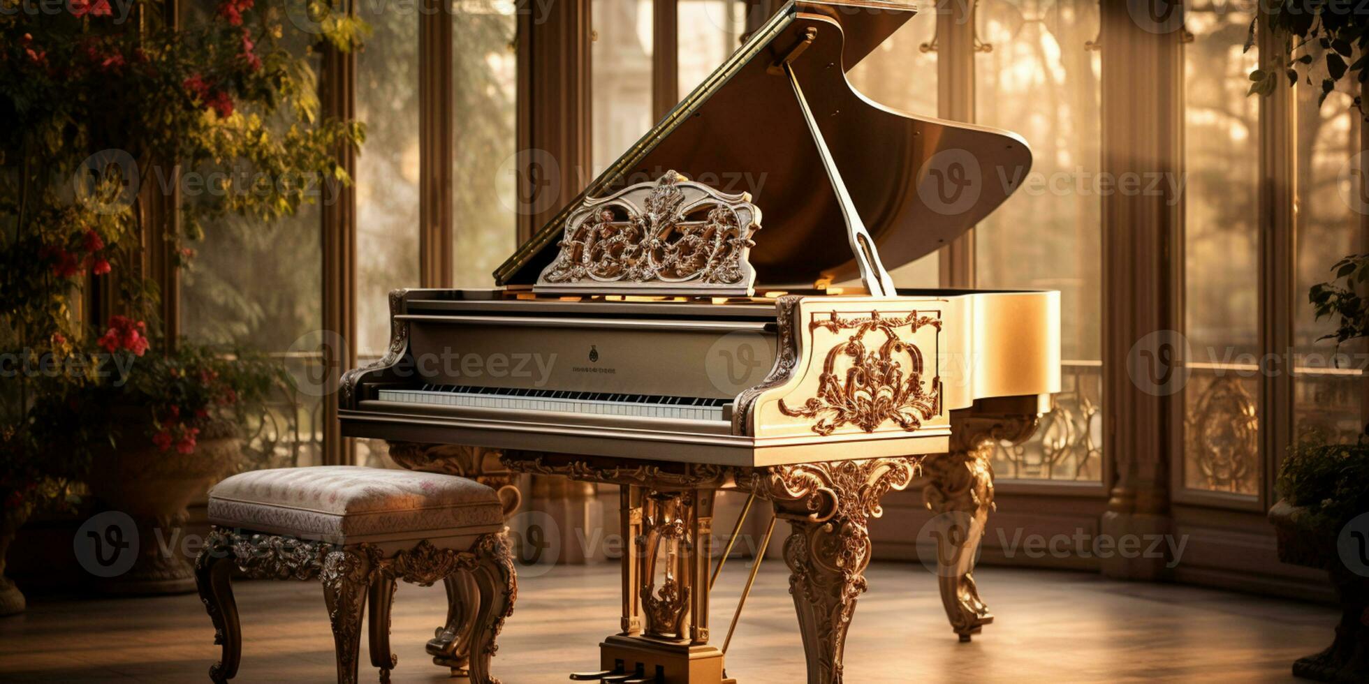 vicino su di un elegante mille dollari pianoforte con caldo luce del sole, lusso, romantico scenario, musica strumento, ai generativo foto