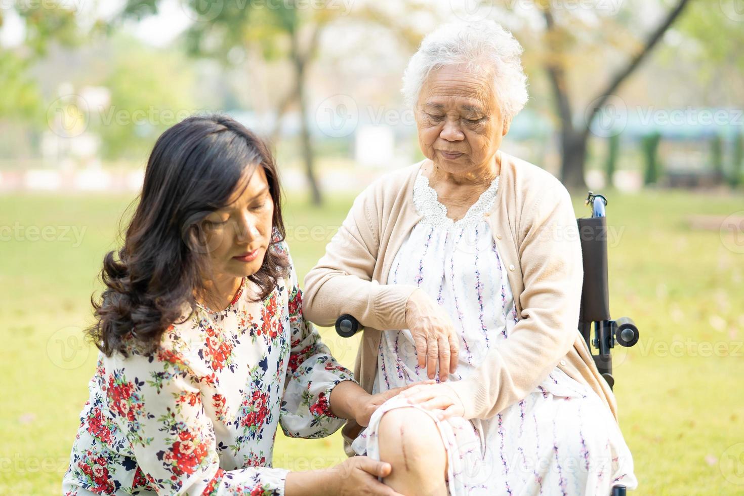 donna anziana asiatica paziente su sedia a rotelle nel parco? foto