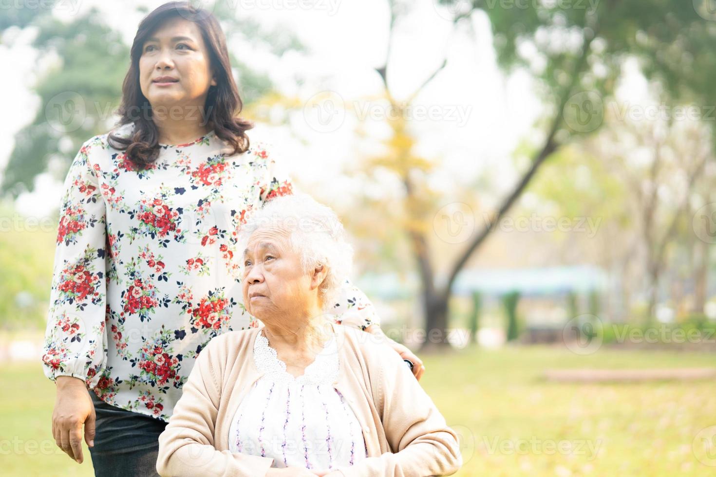 paziente asiatico senior della donna con cura sulla sedia a rotelle in park foto