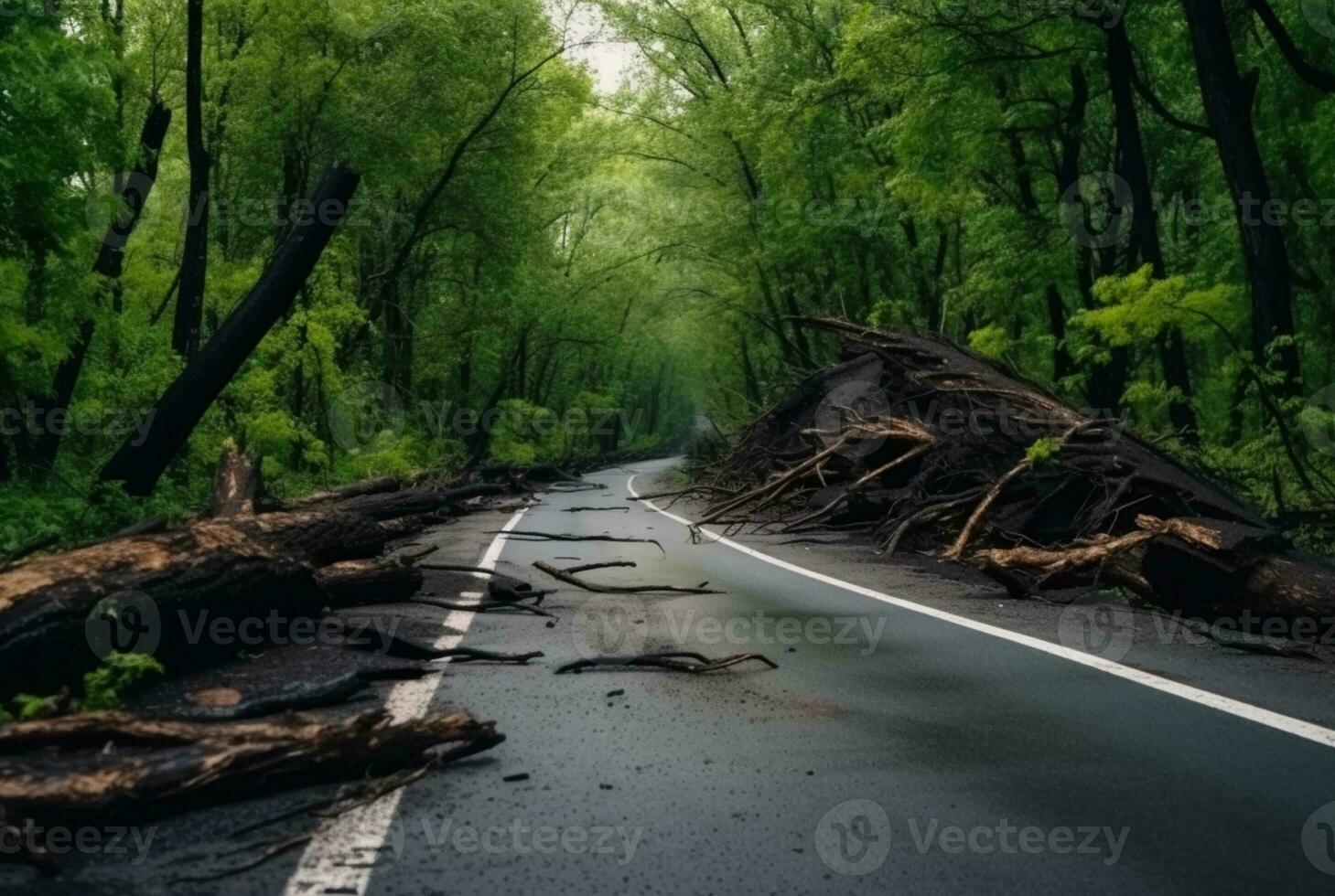 Visualizza di un asfalto strada nel il mezzo di un' foresta con alberi collasso dovuto per un' naturale disastro. generativo ai foto