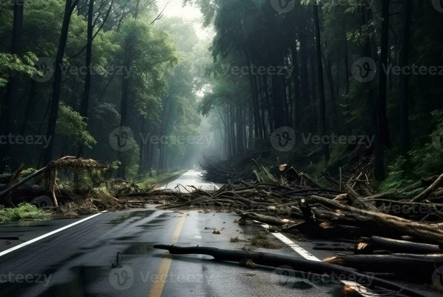 Visualizza di un asfalto strada nel il mezzo di un' foresta con alberi collasso dovuto per un' naturale disastro. generativo ai foto