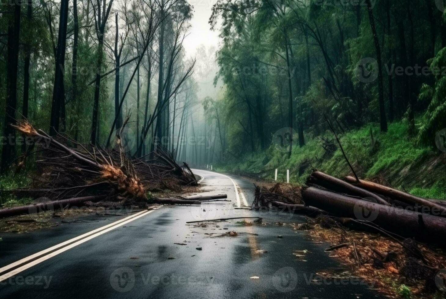 Visualizza di un asfalto strada nel il mezzo di un' foresta con alberi collasso dovuto per un' naturale disastro. generativo ai foto