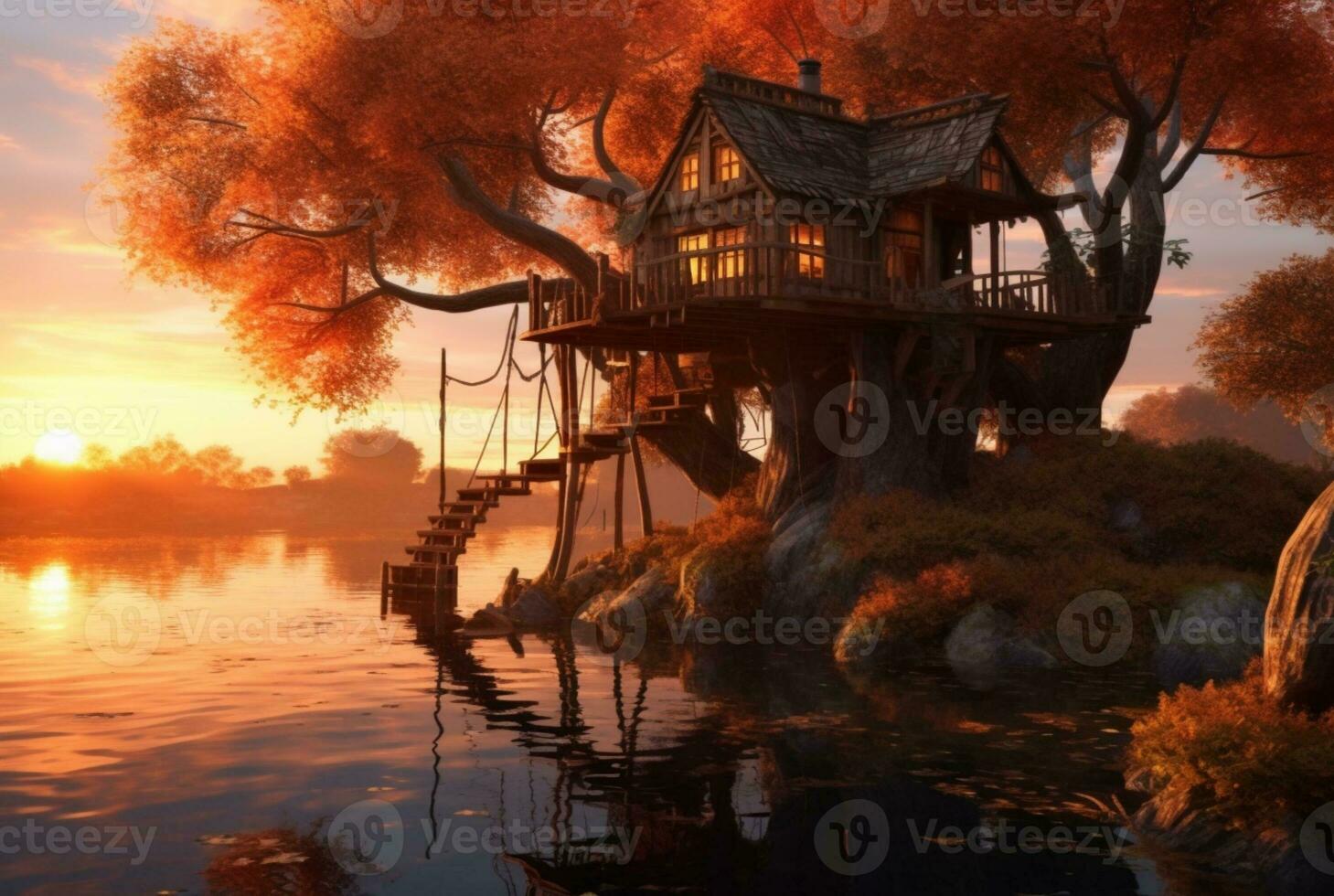 Visualizza di albero Casa su lago con tramonto bellezza. generativo ai foto