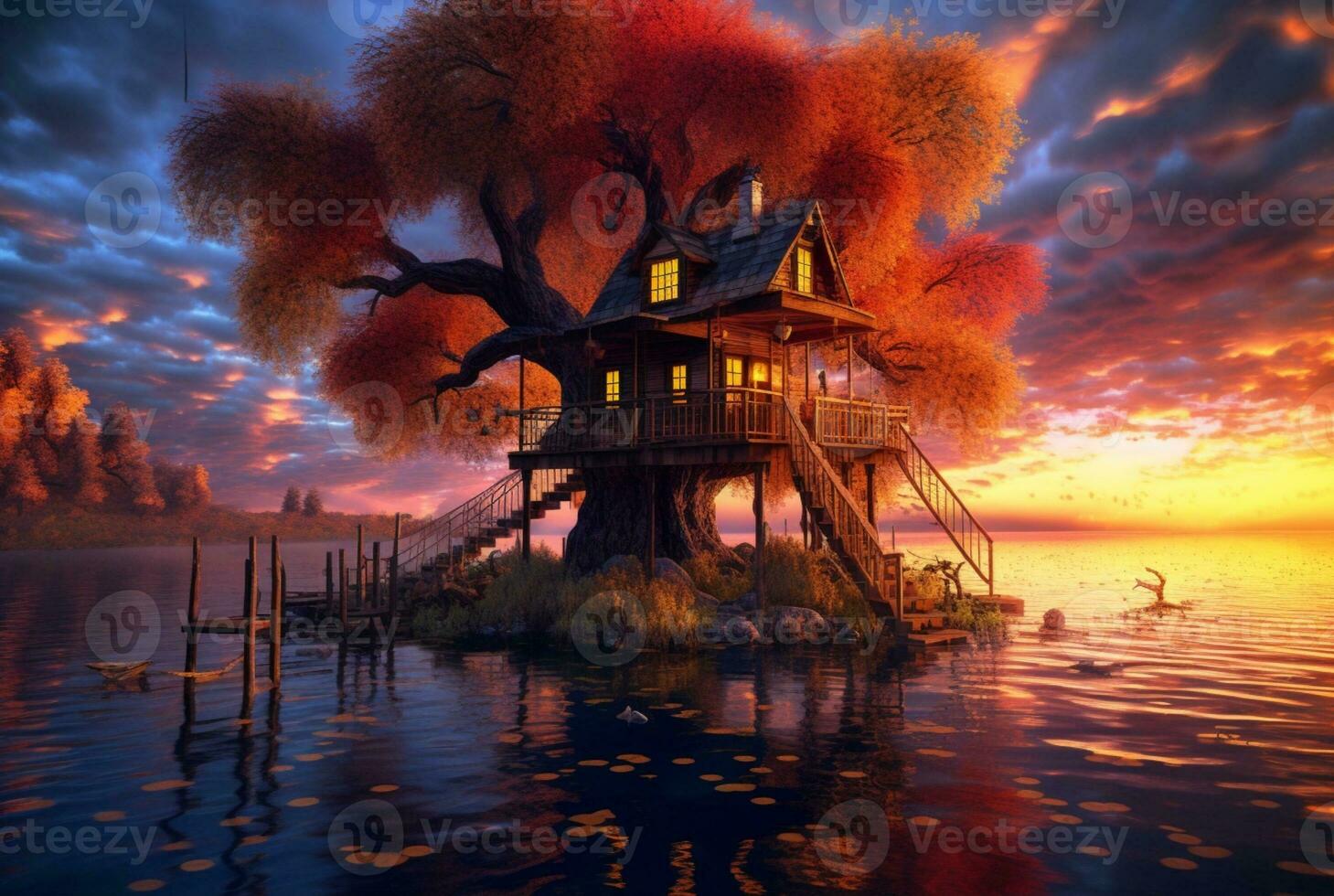 Visualizza di albero Casa su lago con tramonto bellezza. generativo ai foto