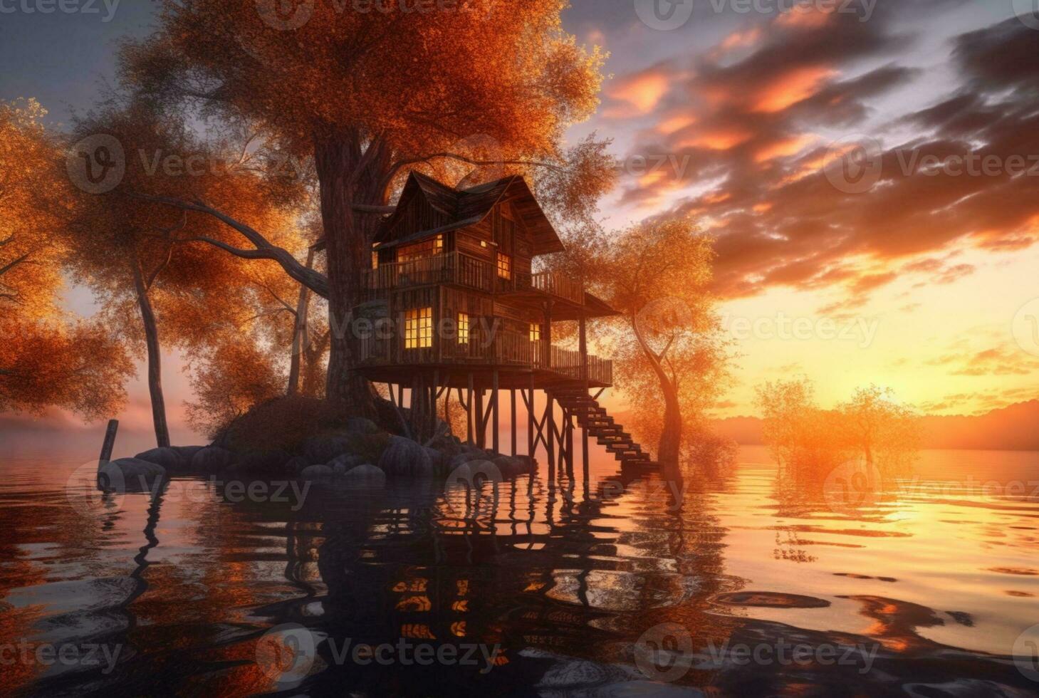 Visualizza di albero Casa su lago con tramonto bellezza. generativo ai foto