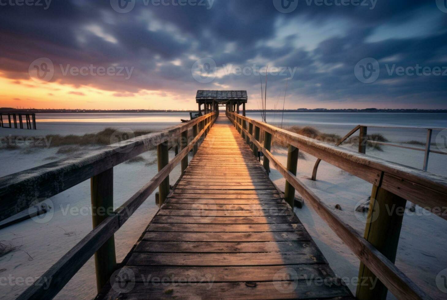 di legno ponte con il bellezza di il spiaggia, lungo esposizione. generativo ai foto