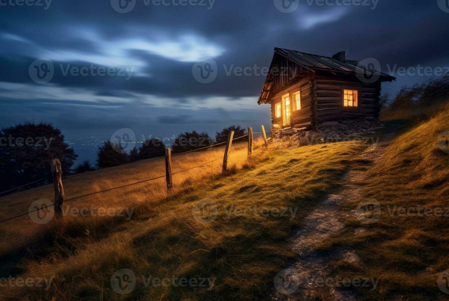 Visualizza di il capanna su il collina, lungo esposizione. generativo ai foto