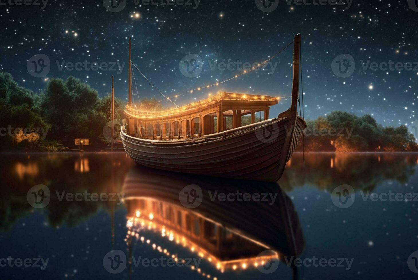 di legno barca su il fiume con il bellezza di il notte cielo. ai generativo foto