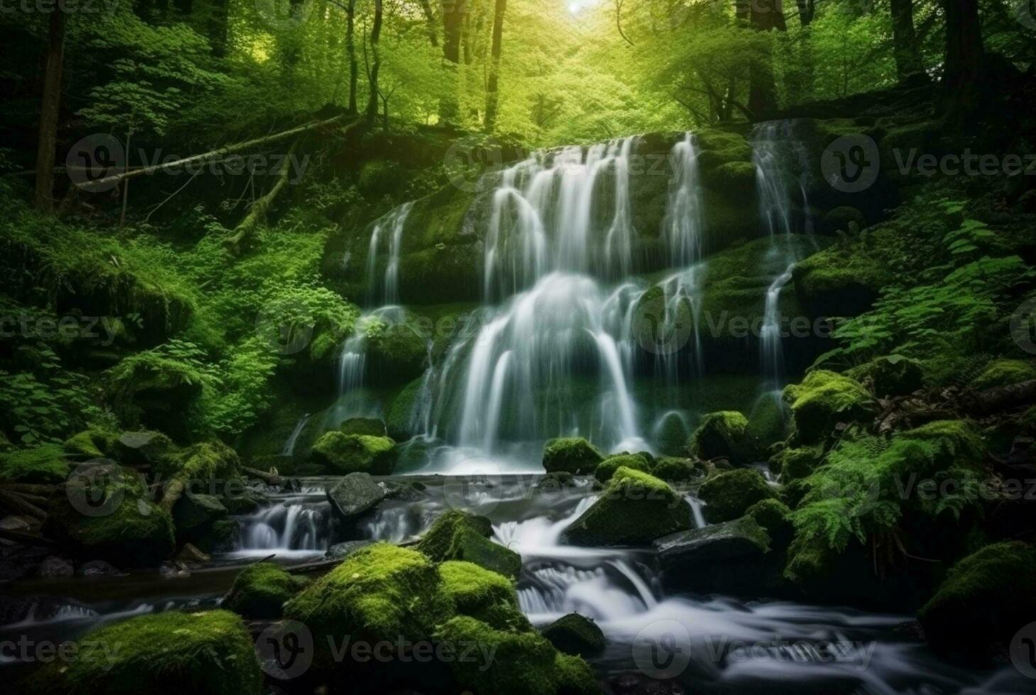 bellissimo cascata nel il verde foresta. generativo ai foto