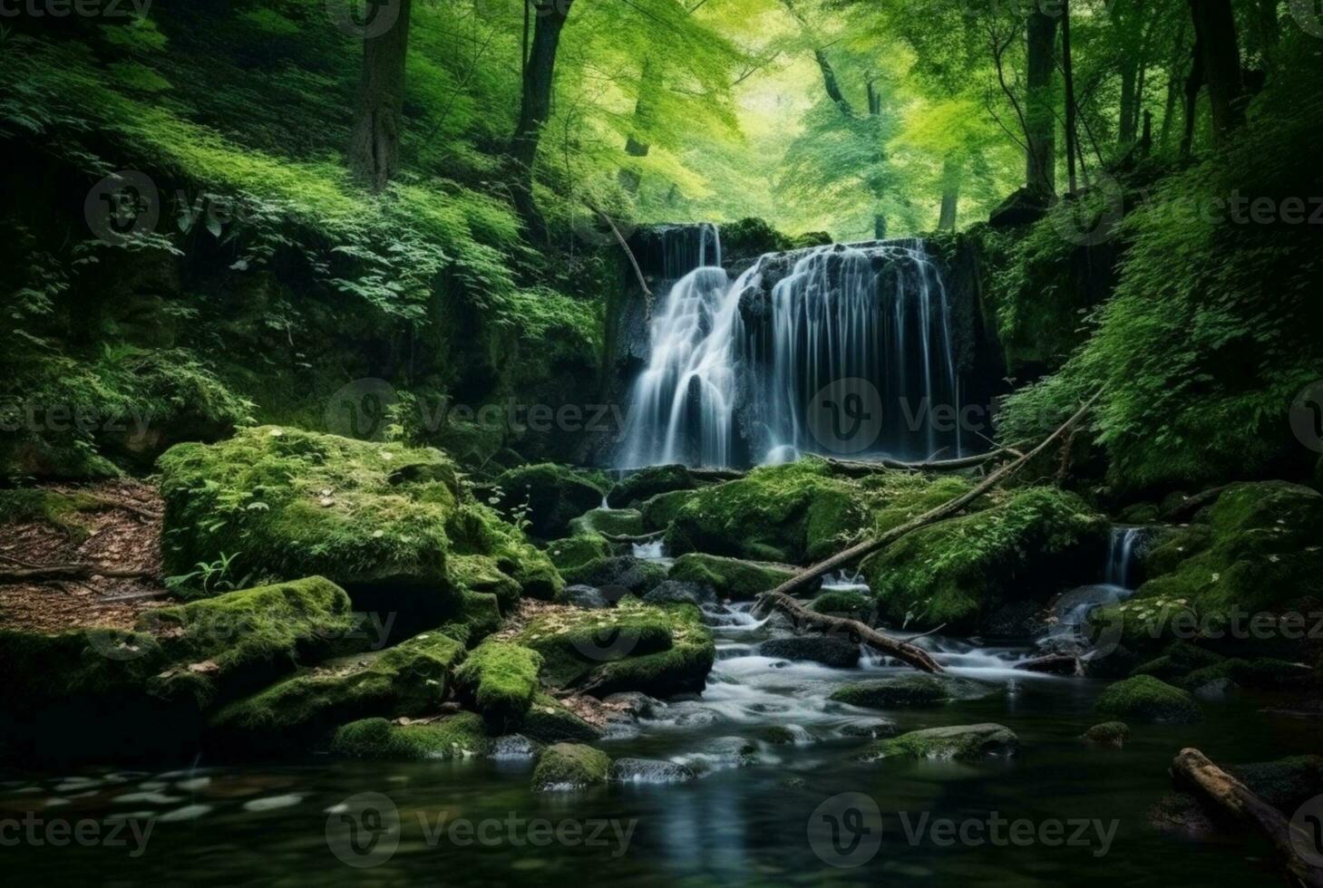 bellissimo cascata nel il verde foresta. generativo ai foto