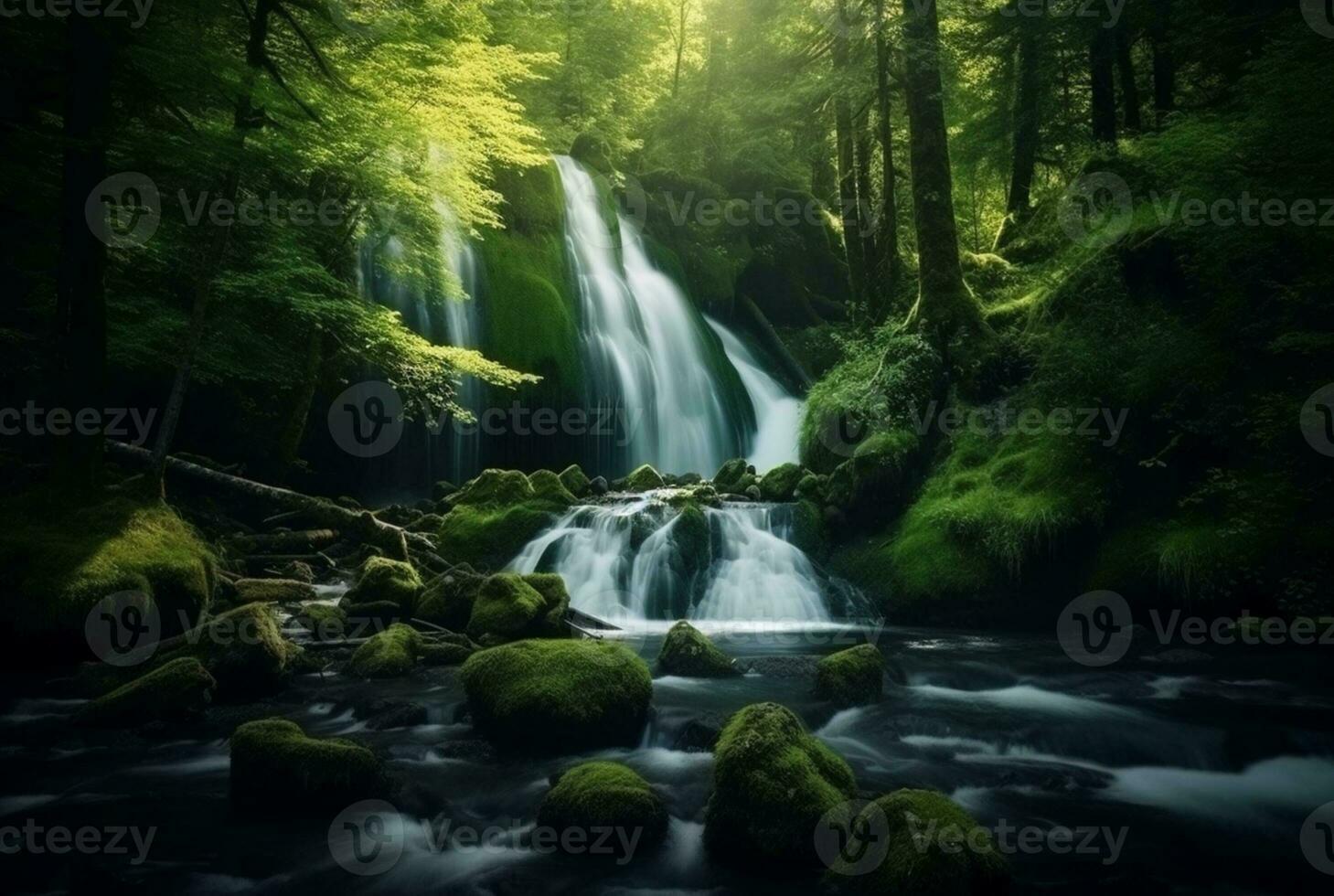 bellissimo cascata nel il verde foresta. generativo ai foto