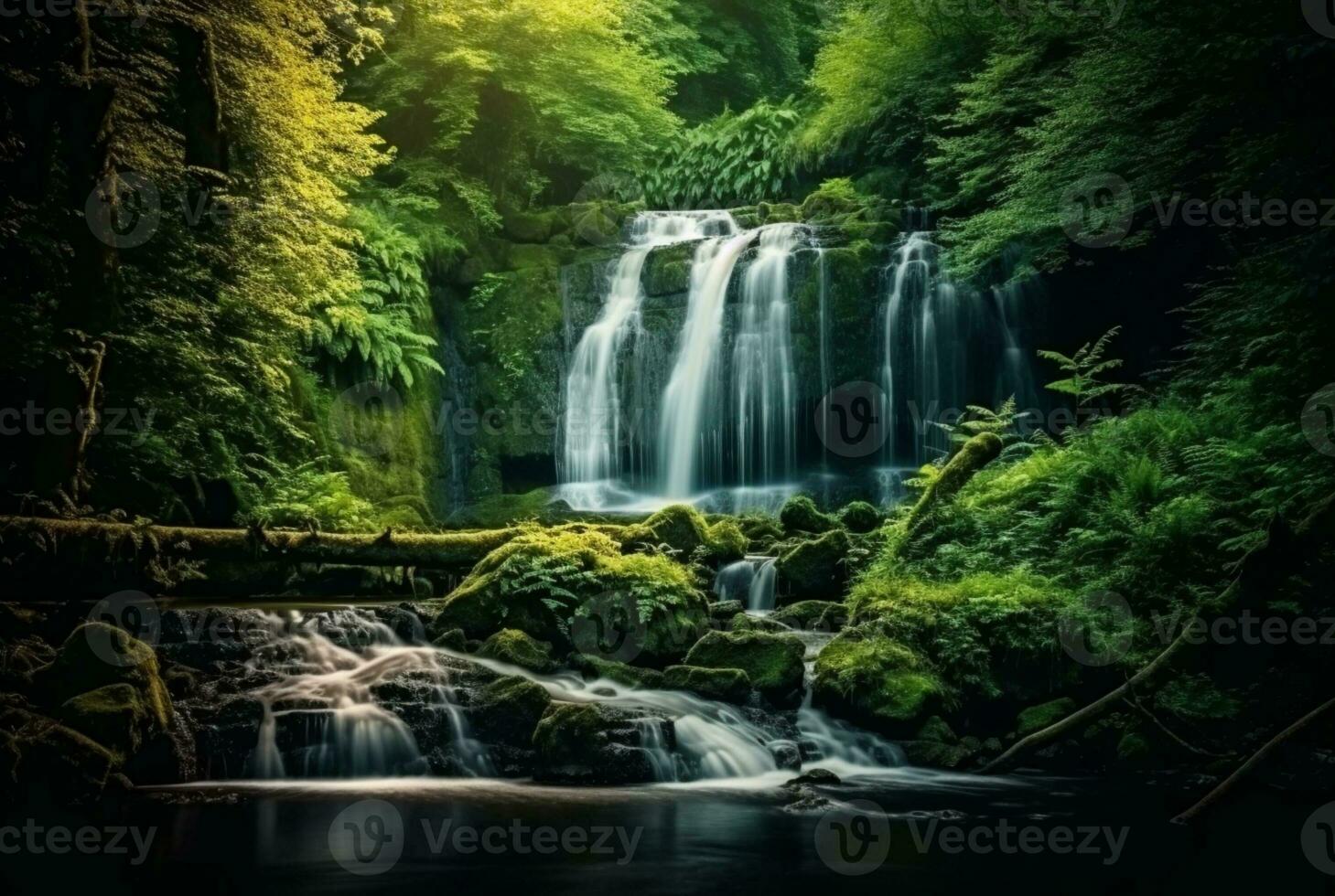 bellissimo cascata nel il verde foresta. generativo ai foto