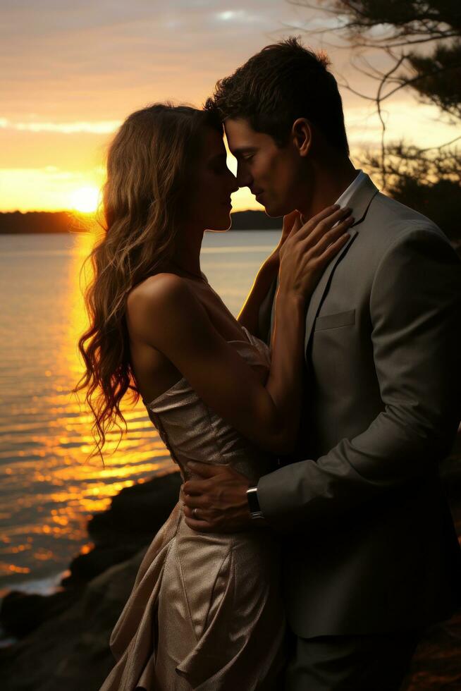 sbalorditivo tramonto foto di il coppia condivisione un' appassionato bacio
