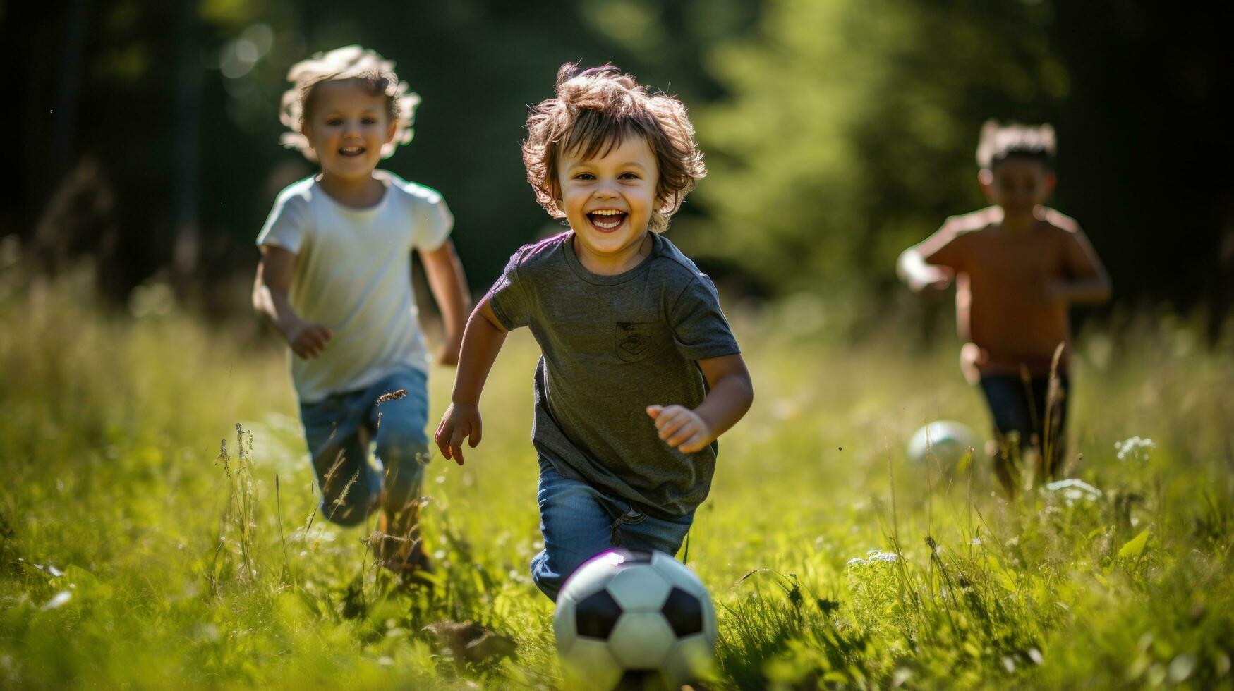 bambini avendo divertimento giocando calcio su il erba foto