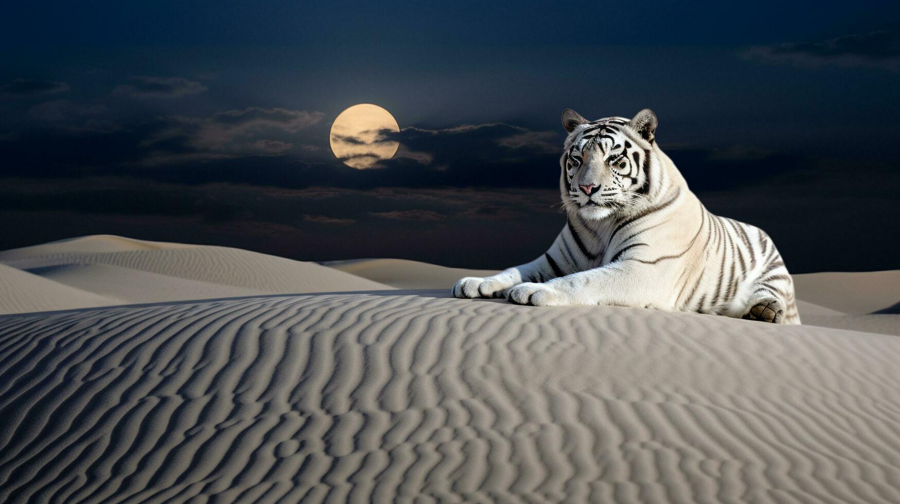 illuminato dalla luna miraggio etereo tigre nel sabbioso dune, ai generativo foto