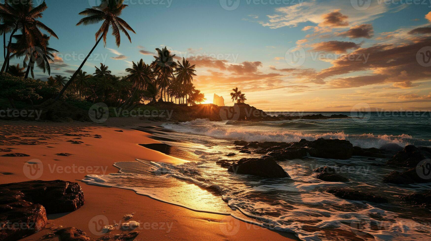 bellezza di spiaggia Alba morbido e d'oro oceano luce del sole, ai generativo foto