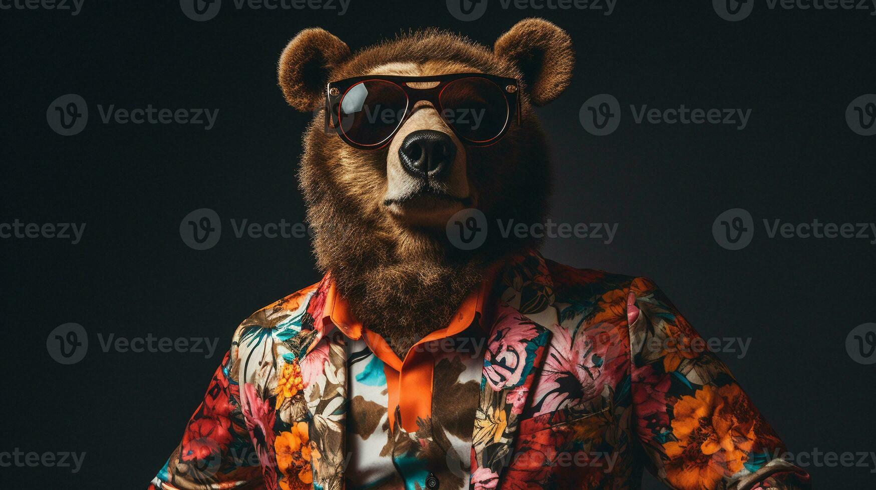 di orso metà corpo sparare con hawaiano camicia e occhiali da sole, ai generativo foto