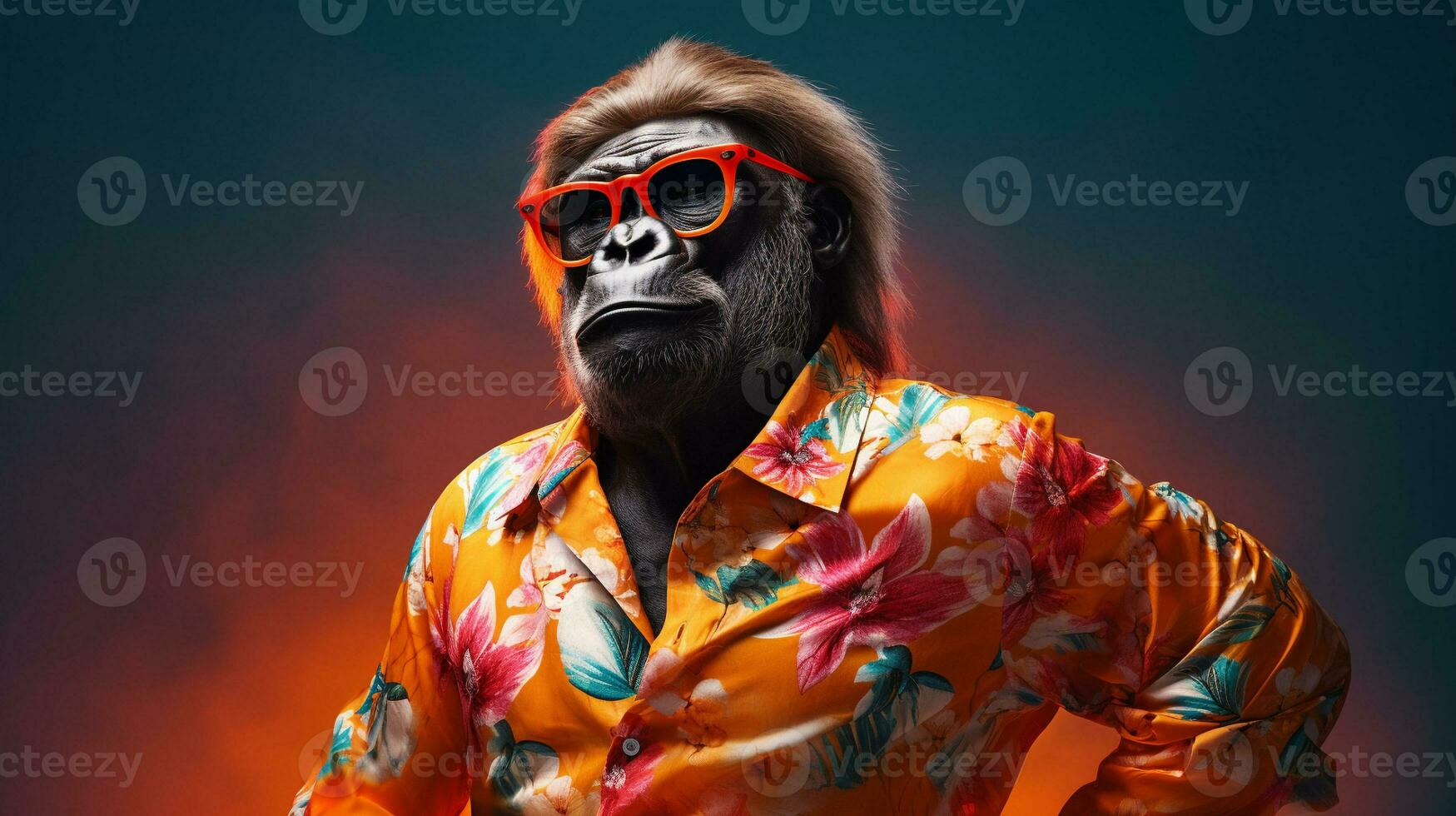 elegante gorilla metà corpo rivista servizio fotografico, ai generativo foto