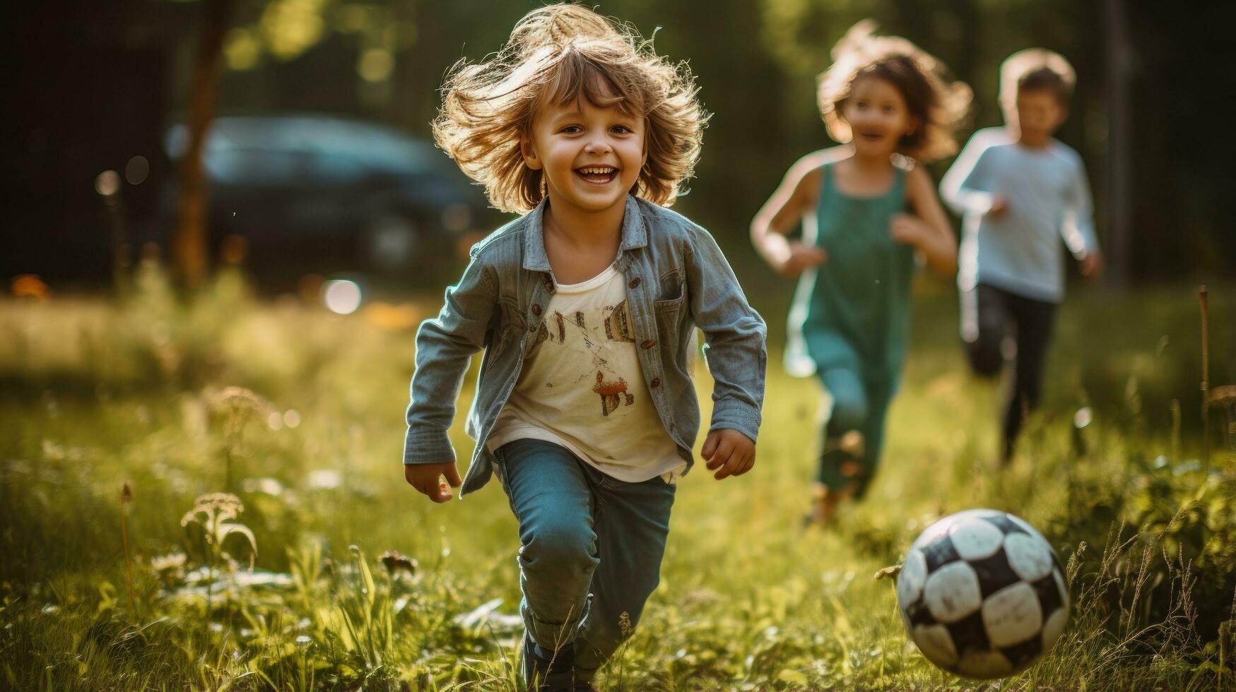 bambini avendo divertimento giocando calcio su il erba foto