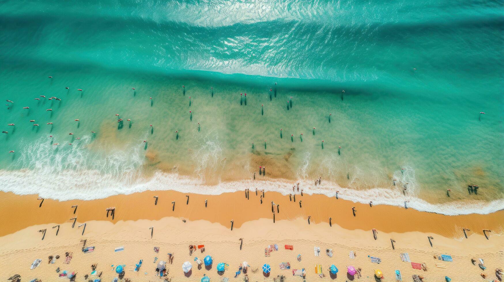 aereo tiro di un' affollato spiaggia con nuotatori godendo il onde foto