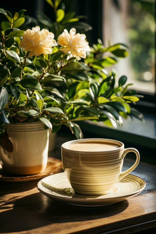 un estetico studio caffè negozio interno con un' caffè tazza e pianta un' caffè tazza e pianta su un' tavolo foto