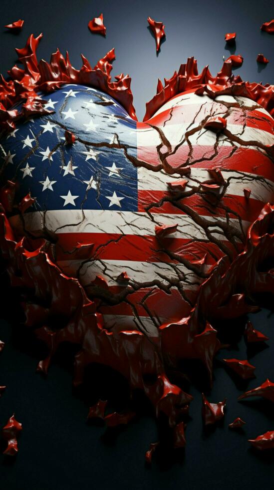 nel il nome di indipendenza giorno, un' cuore emerge a partire dal il Stati Uniti d'America bandiera verticale mobile sfondo ai generato foto