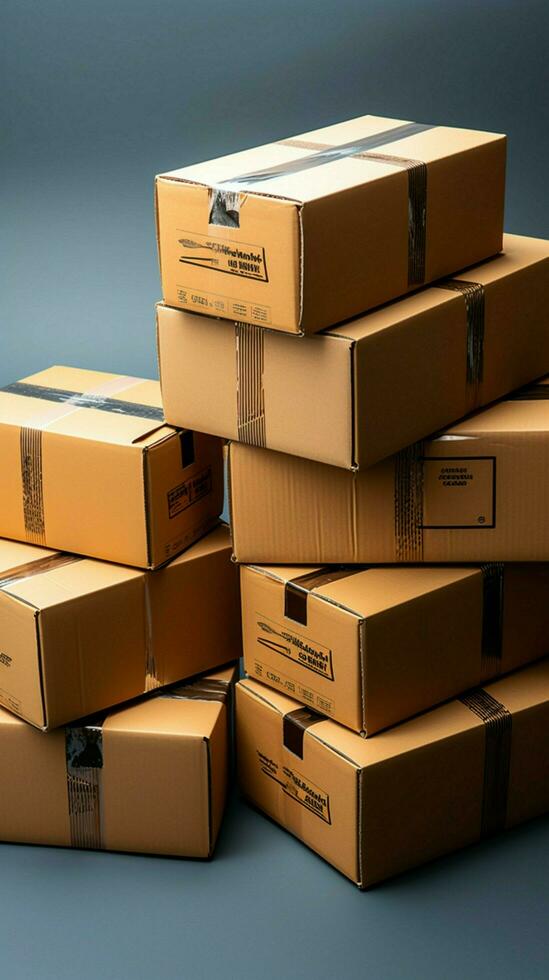 cartone contenitori versatile scatola di cartone scatole servire come affidabile confezione per diverso merce. verticale mobile sfondo ai generato foto