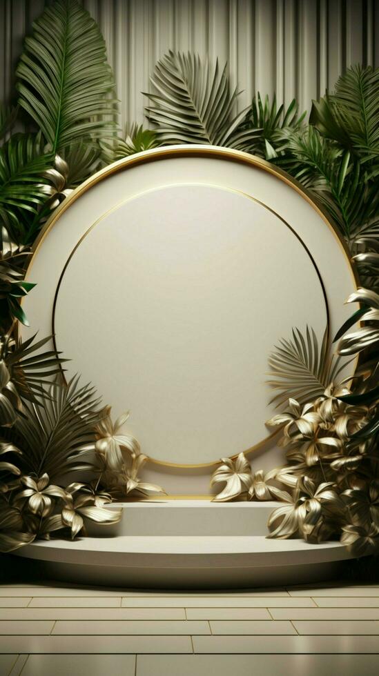 luxe presentazione 3d modello di bianca oro podio ornato con palma le foglie verticale mobile sfondo ai generato foto