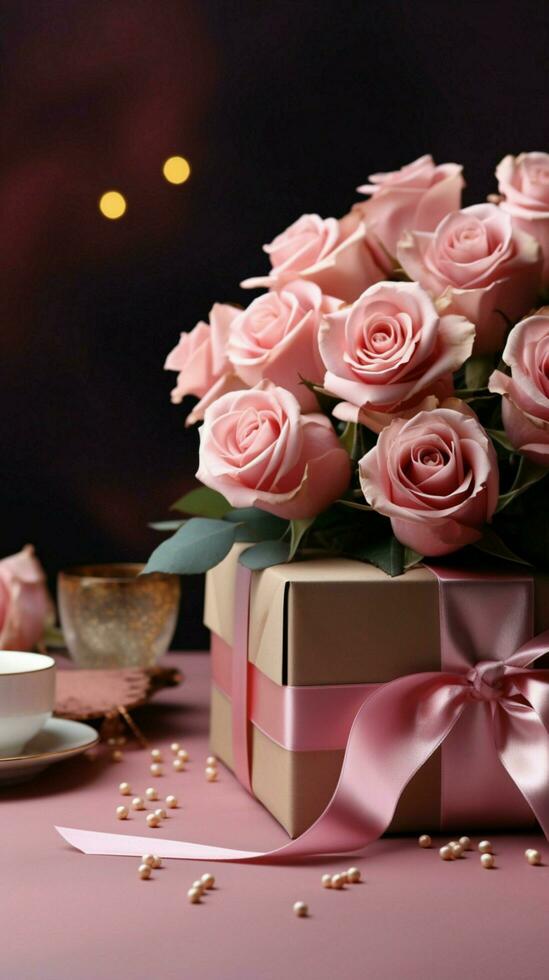 rosa tavolo padroni di casa La madre di giorno rosa, kraft regalo scatola nel elegante disposizione. verticale mobile sfondo ai generato foto