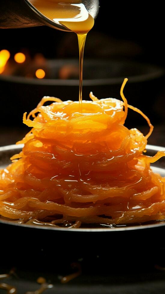 culinario Tesoro jalebi, un imarati indiano dolce, fritte nel puro boh, selettivamente focalizzata verticale mobile sfondo ai generato foto