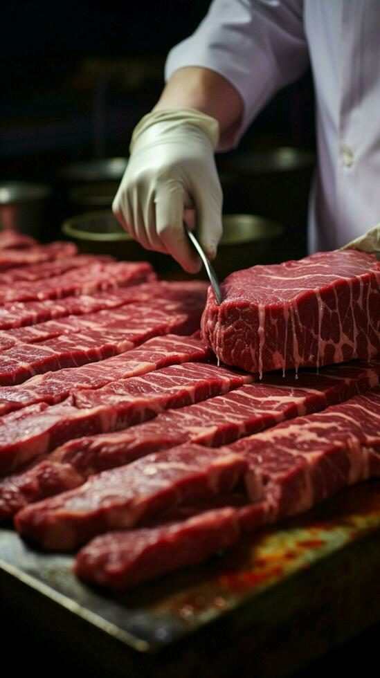 esperto macellai abilmente trasformare carne in acquolina in bocca Hamburger tortini attraverso meticoloso in lavorazione verticale mobile sfondo ai generato foto