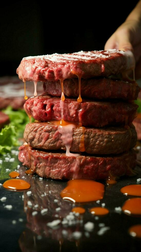 esperto macellai abilmente trasformare carne in acquolina in bocca Hamburger tortini attraverso meticoloso in lavorazione verticale mobile sfondo ai generato foto