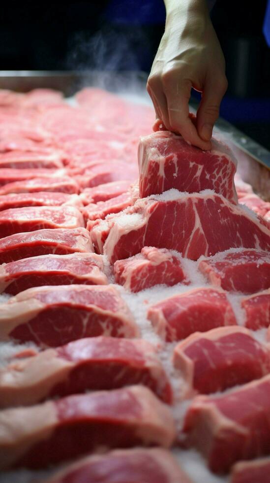 cibo industria dipendente tagli crudo Maiale su vicino per carne in lavorazione, refrigerato Conservazione verticale mobile sfondo ai generato foto