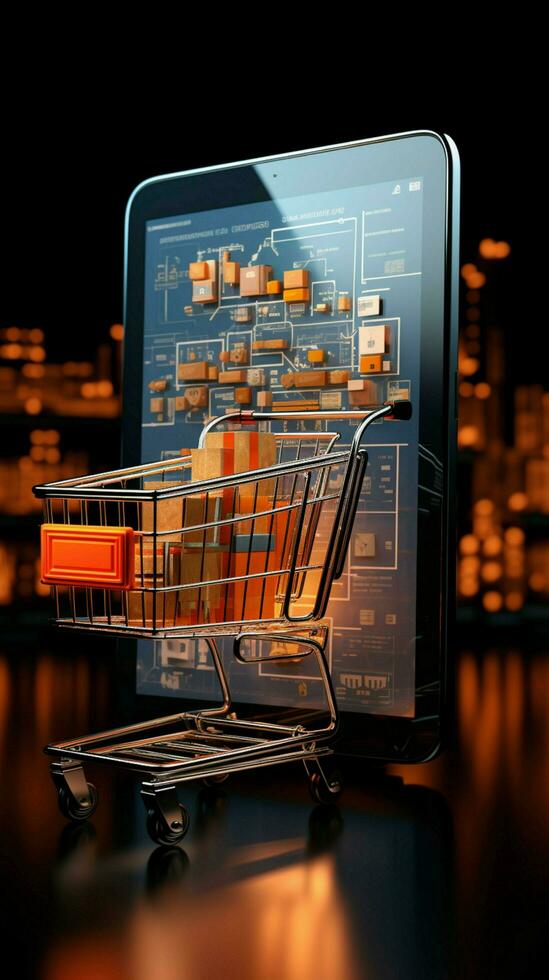 innovativo 3d appunti integra shopping carrello, Ridefinendo produttività nel in linea acquisti. verticale mobile sfondo ai generato foto