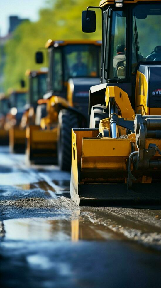 costruzione luogo avvicinamento giallo rullo compatti nero asfalto, trasformando nazione strada. verticale mobile sfondo ai generato foto