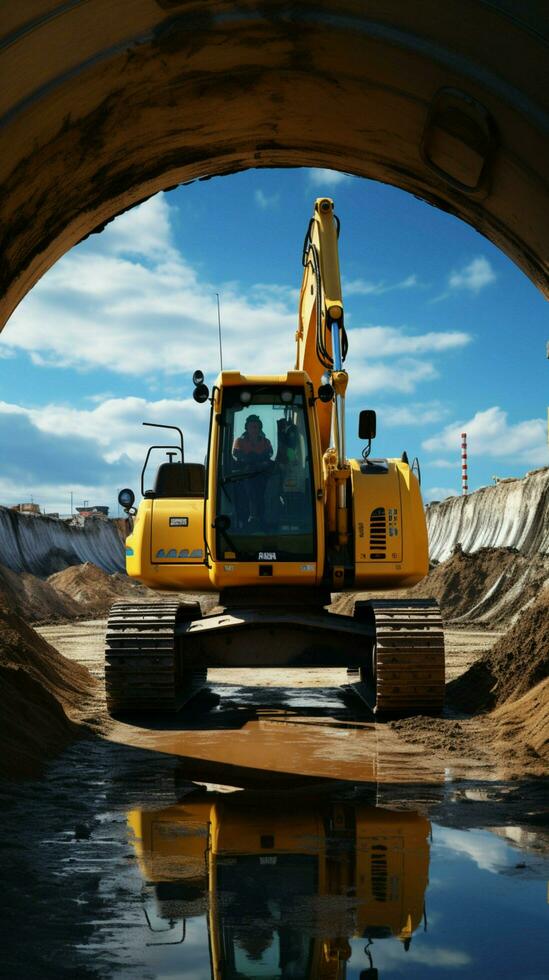 pesante attrezzatura nel azione bruco scavatrice scava, prospiciente costruzione luogo e calcestruzzo tubo. verticale mobile sfondo ai generato foto