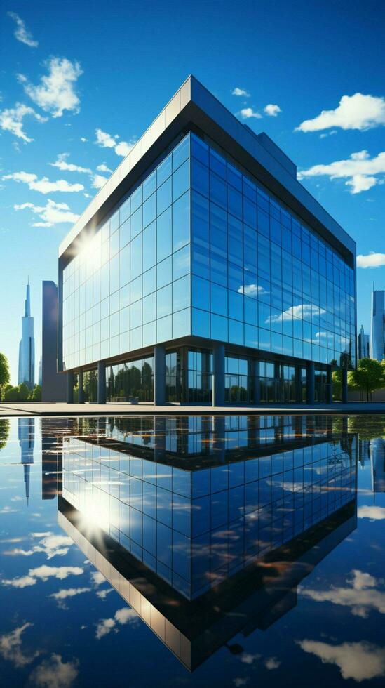 moderno attività commerciale centro sotto chiaro blu cielo, un' riflessione di aziendale avanzamento. verticale mobile sfondo ai generato foto