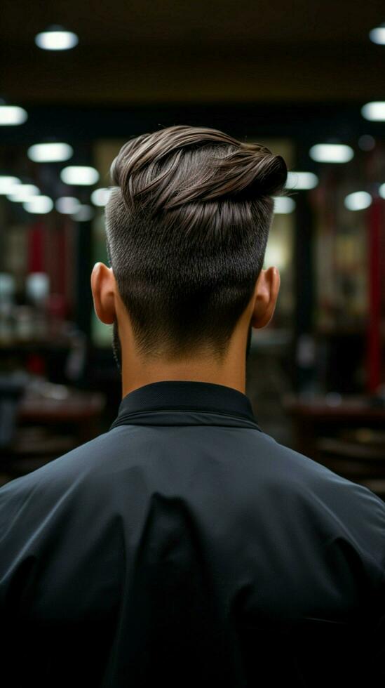 preciso tagliare posteriore Visualizza come maschio riceve taglio di capelli, sfondo dolcemente sfocato verticale mobile sfondo ai generato foto