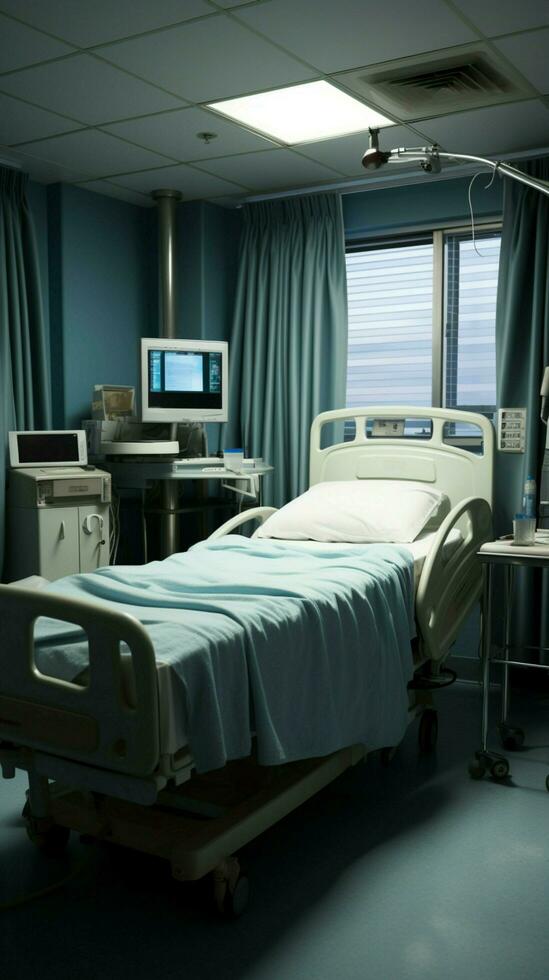 solitario letto riempimenti vacante ospedale camera, intatto di qualunque presenza o attività. verticale mobile sfondo ai generato foto