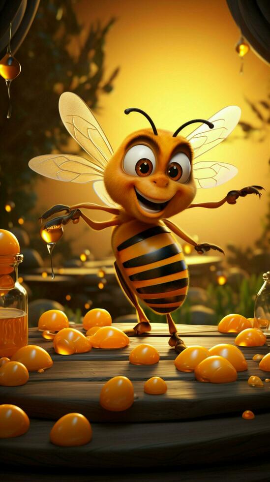 cartone animato ape su alveare, agitando accanto miele barattoli, api nel volo affascinante campagna scena verticale mobile sfondo ai generato foto
