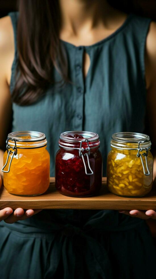 avvicinamento Visualizza donna detiene di legno piatto, in mostra diverso frutta marmellate nel bicchiere barattoli verticale mobile sfondo ai generato foto