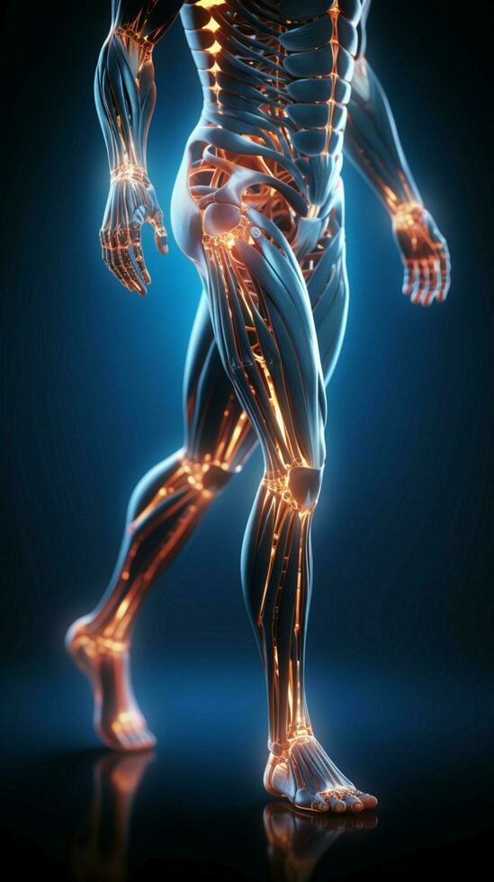 preciso 3d rappresentazione maschio medico figura con sottolineato ginocchio e caviglia ossatura verticale mobile sfondo ai generato foto