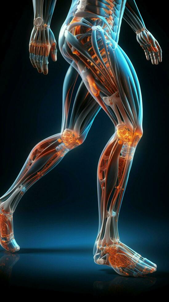 vivido 3d modello di maschio anatomia messa a fuoco su ginocchio e caviglia scheletrico strutture verticale mobile sfondo ai generato foto