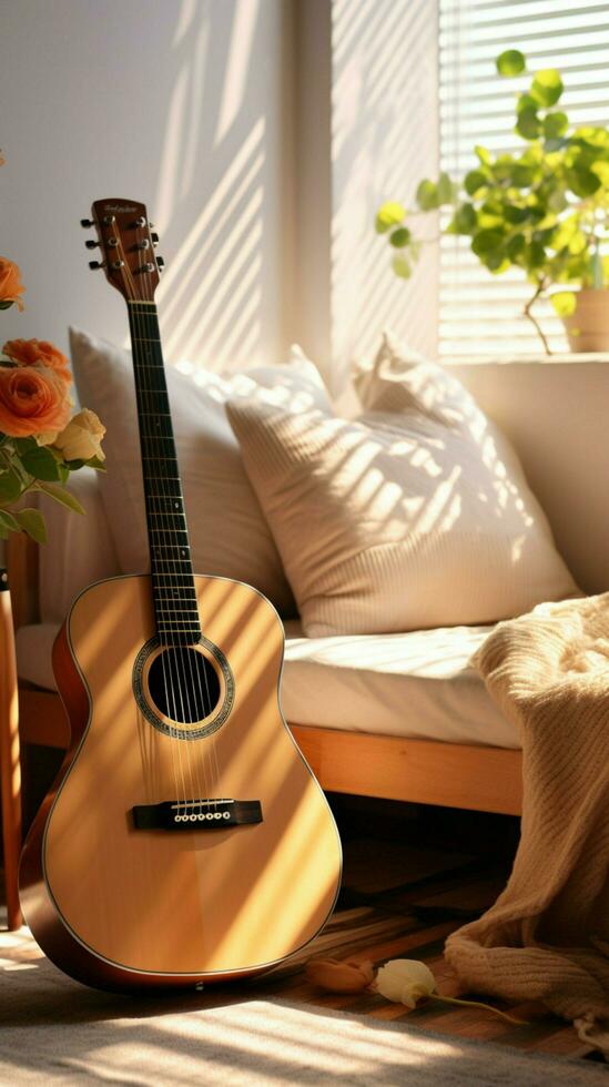 un' chitarra adorna il moderno, invitante interno di il accogliente vivente camera. verticale mobile sfondo ai generato foto