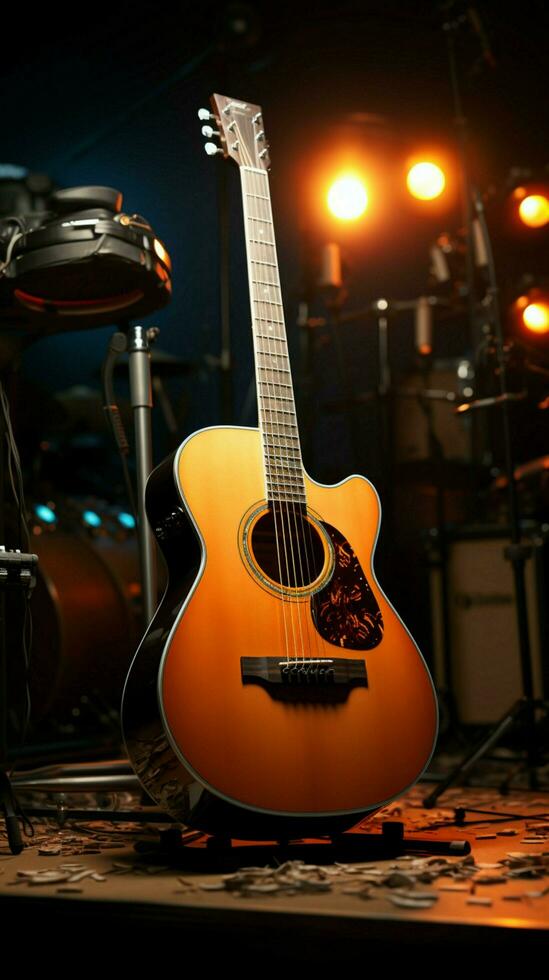 nel il registrazione studio, un acustico chitarra attende suo tempo per armonizzare. verticale mobile sfondo ai generato foto