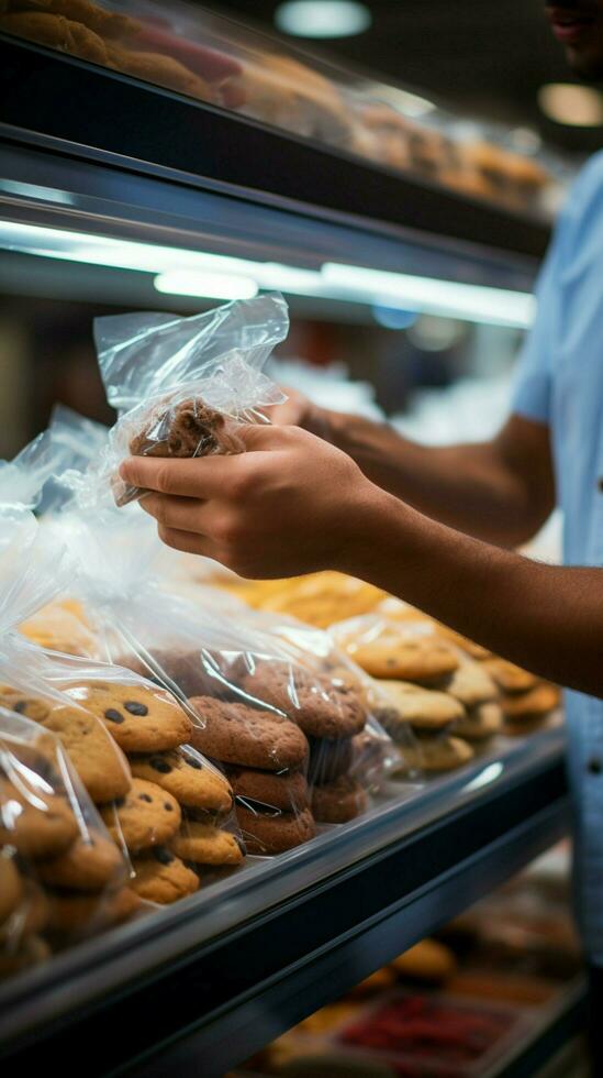 mans vicino su azione fissaggio biscotti dentro un' plastica Borsa durante drogheria shopping verticale mobile sfondo ai generato foto