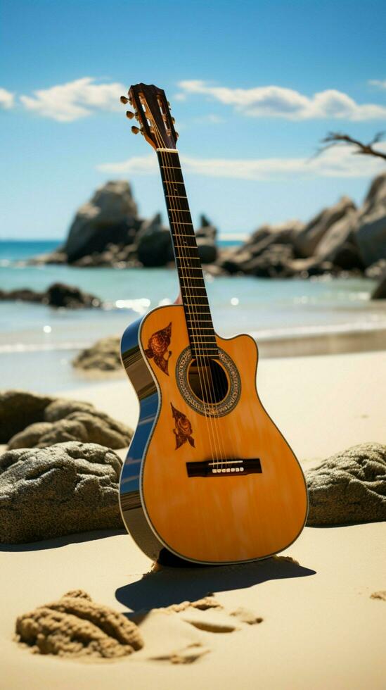 su il sabbioso sponde, un in posizione verticale acustico chitarra attende un' sulla spiaggia prestazione. verticale mobile sfondo ai generato foto