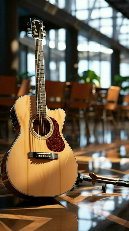 silenzio riempimenti il camera, un acustico chitarra in attesa per suo del musicista tocco. verticale mobile sfondo ai generato foto