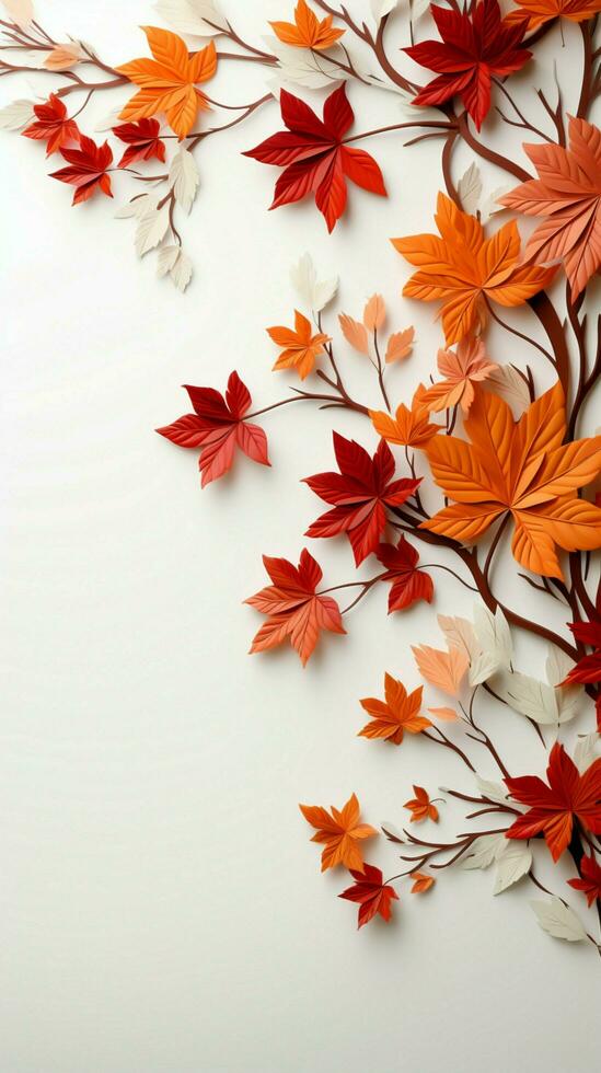 elegantemente progettato autunno confine con delicato acero le foglie su un' bianca fondale verticale mobile sfondo ai generato foto